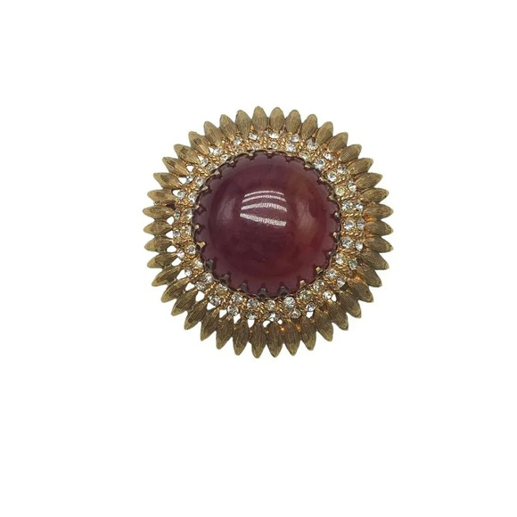 Clear Rhinestone Red Glass Stone Textured Flower Dome Brooch Pin Vintage - Picture 1 of 5